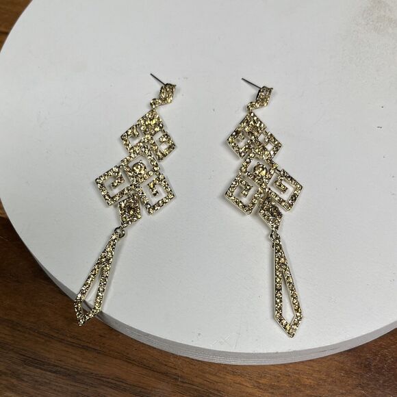 Earrings Women Gold Tone Bronze Stone Dangle Drop Formal Statement 4 Inches 2127 - Picture 6 of 6